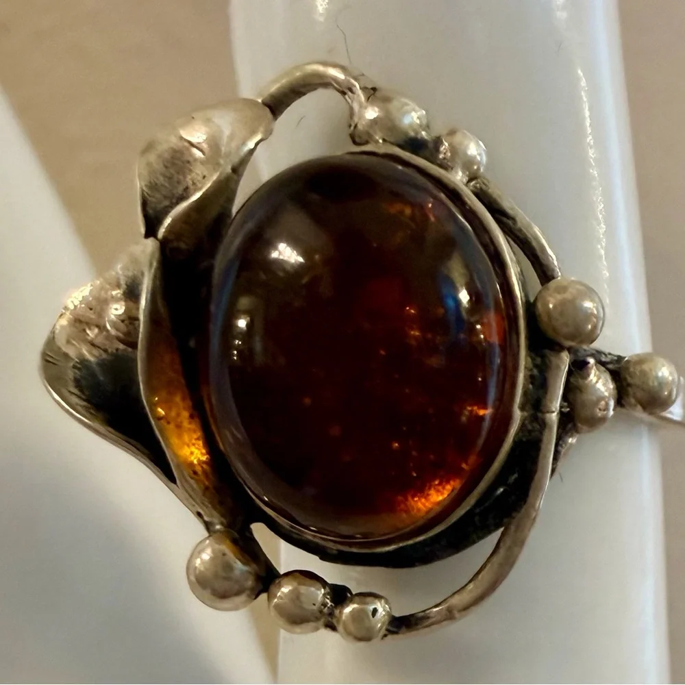 Artisan Sterling Silver Amber Statement Ring - Brown Amber